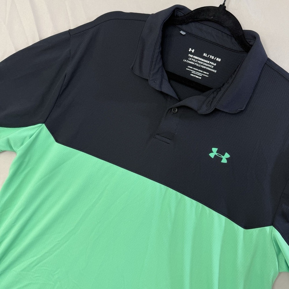 Under Armour Polo Shirt Mens XL Black Green Colorblock HeatGear Golf Performance